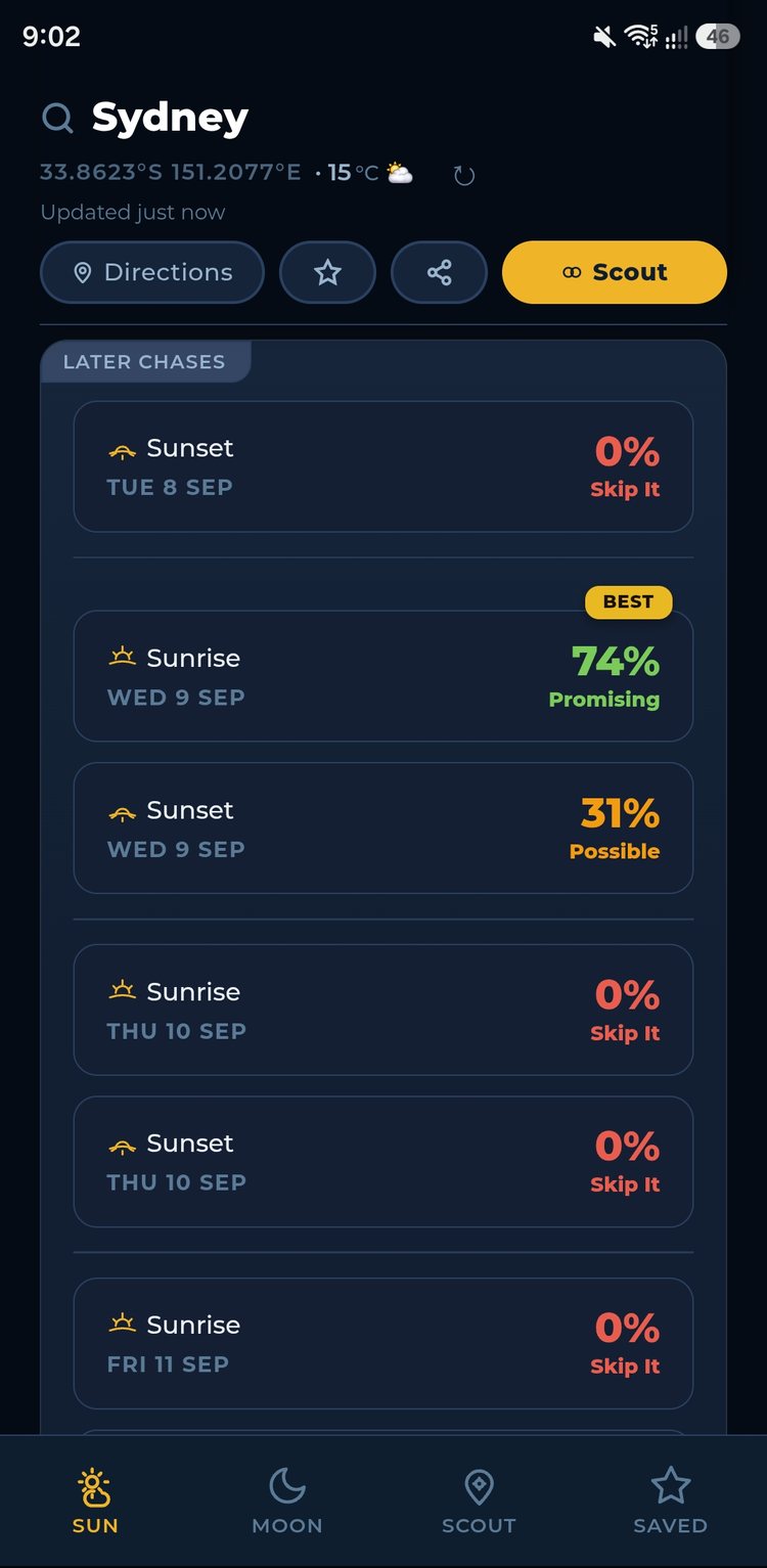 ChaseLight Later Chases list showing upcoming sunrise and sunset shoot scores