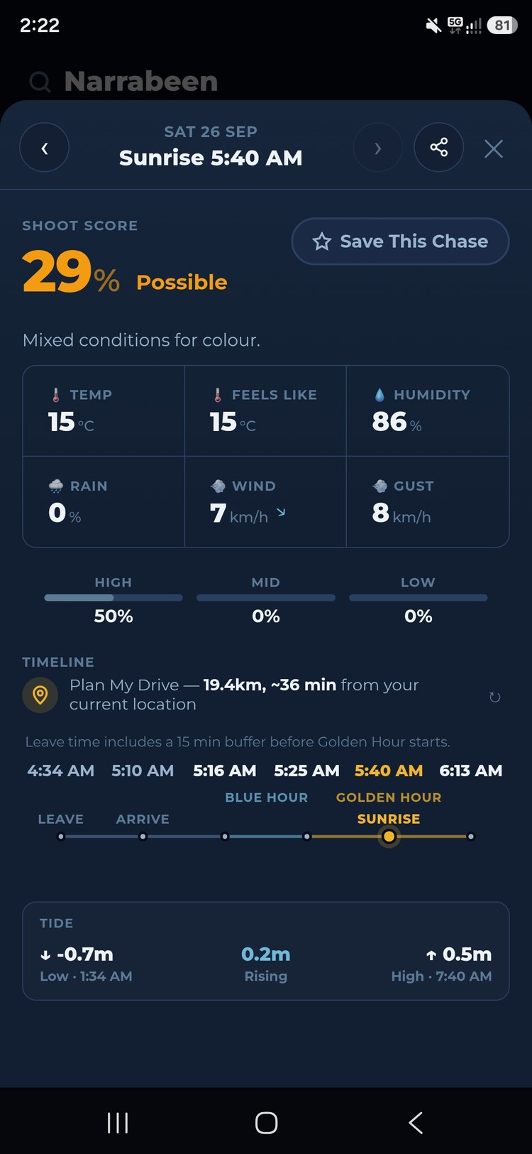 ChaseLight Plan My Drive showing leave and arrive times, the golden hour timeline, and tide levels