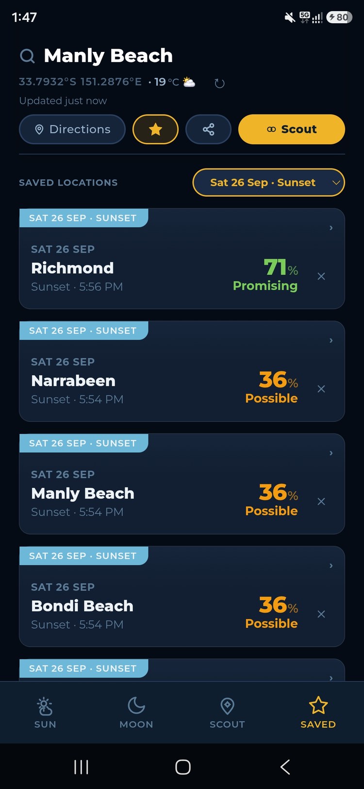 ChaseLight Saved Locations showing the date selector re-scoring every saved location for a chosen day