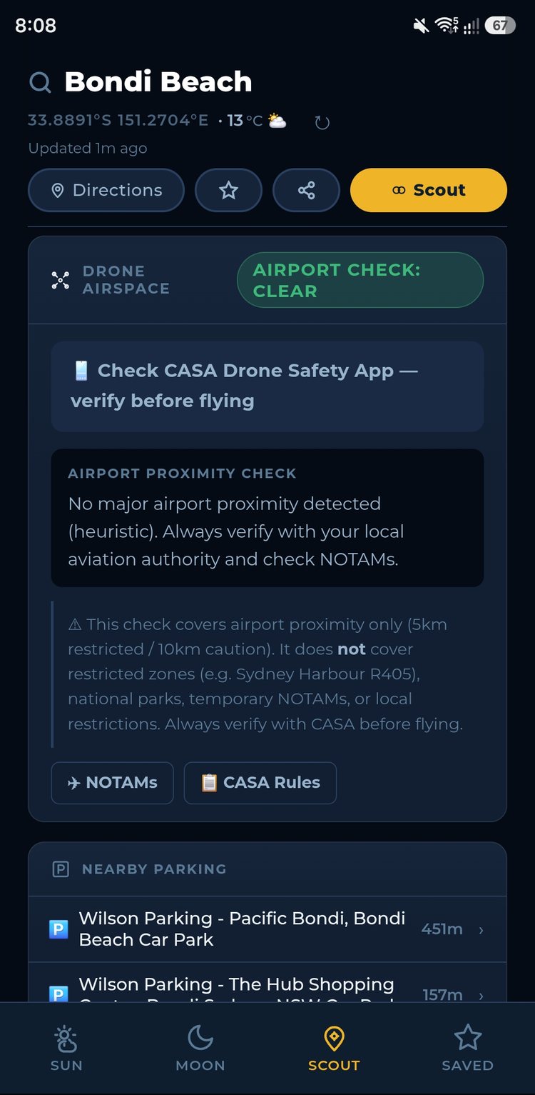 ChaseLight Scout drone airspace check showing an airport proximity clearance