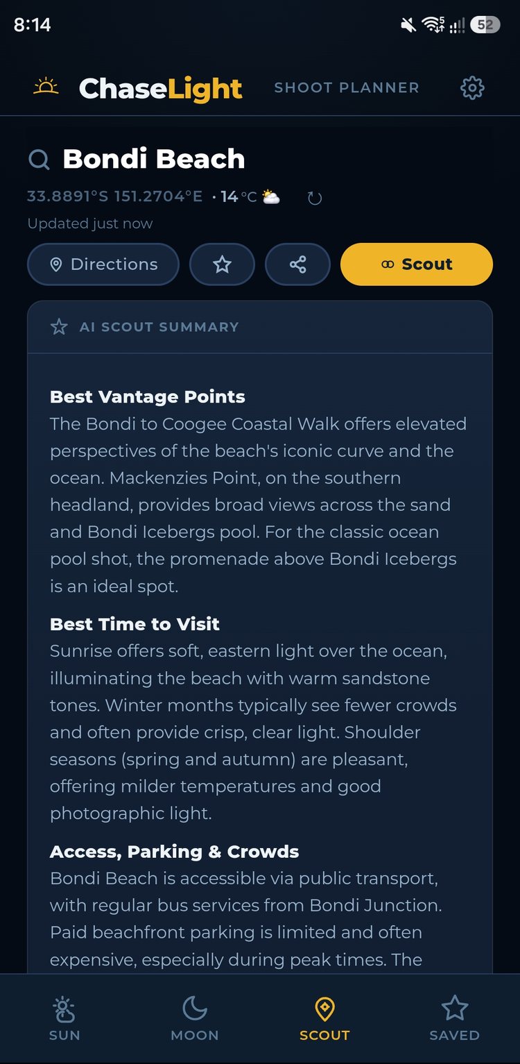 ChaseLight Scout AI briefing showing best vantage points and best time to visit