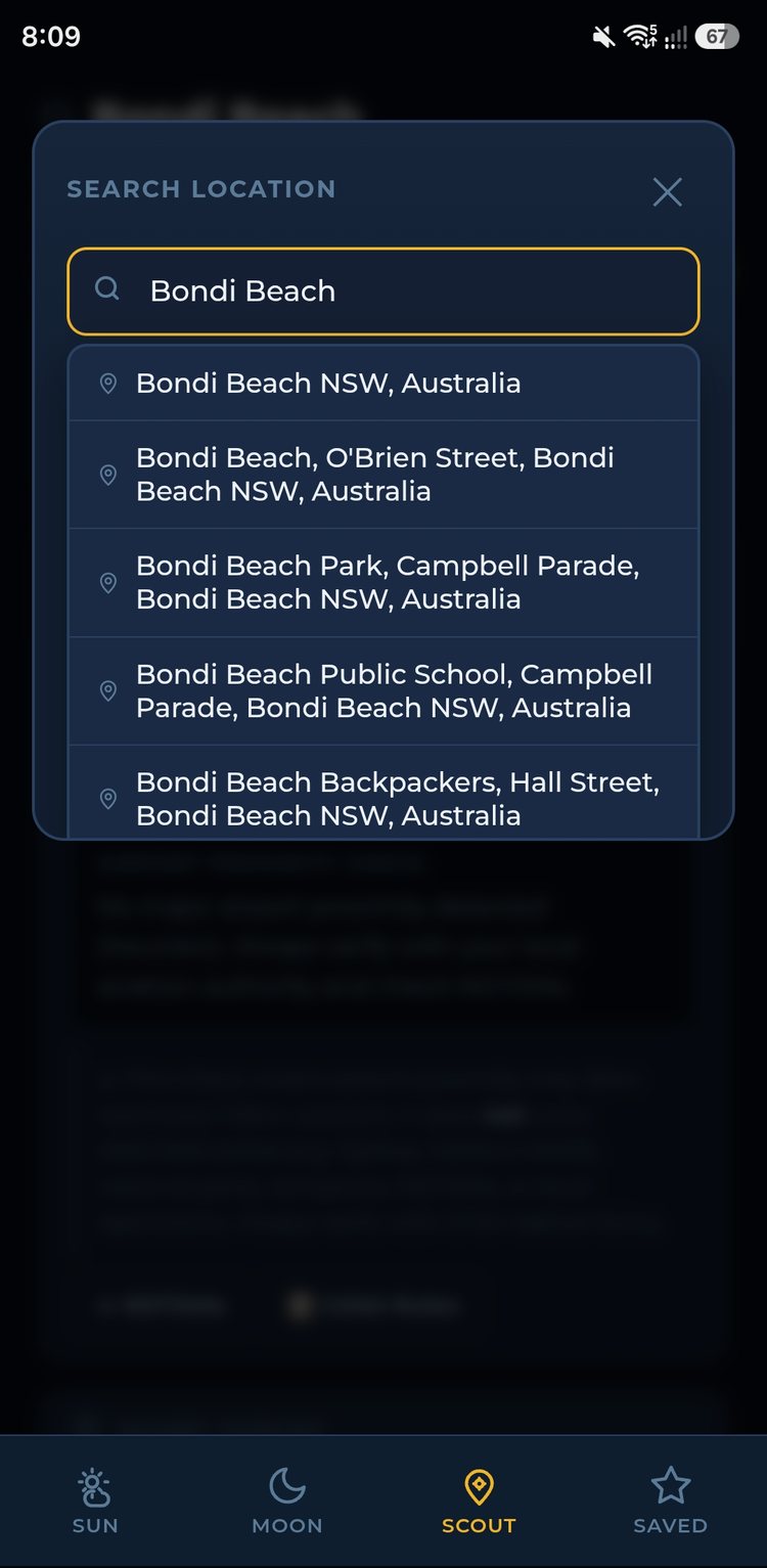 ChaseLight location search showing autocomplete results for Bondi Beach
