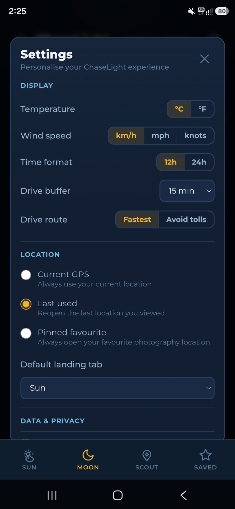 ChaseLight Settings showing Drive buffer and Drive route options for Plan My Drive