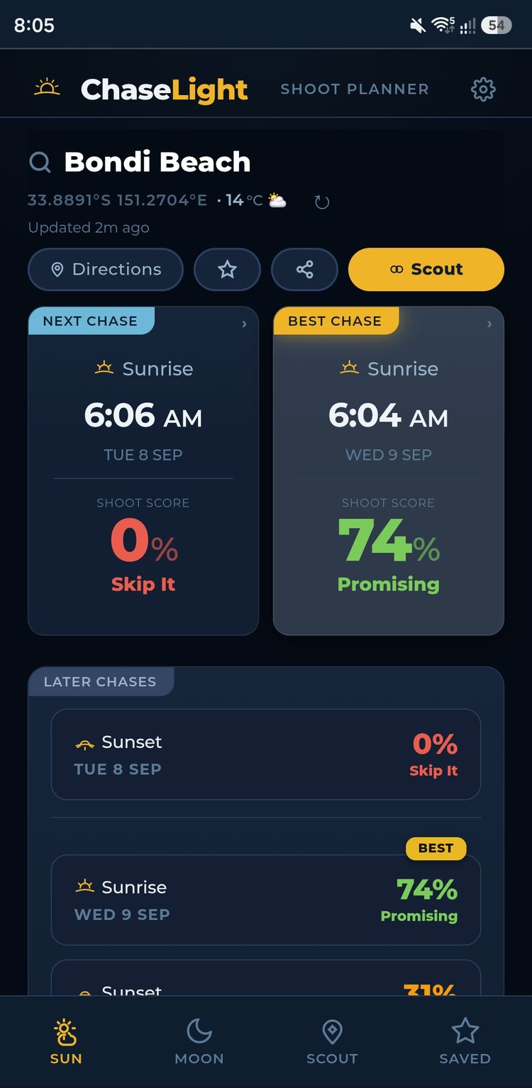 ChaseLight Sun tab showing Next Chase and Best Chase shoot scores for Bondi Beach